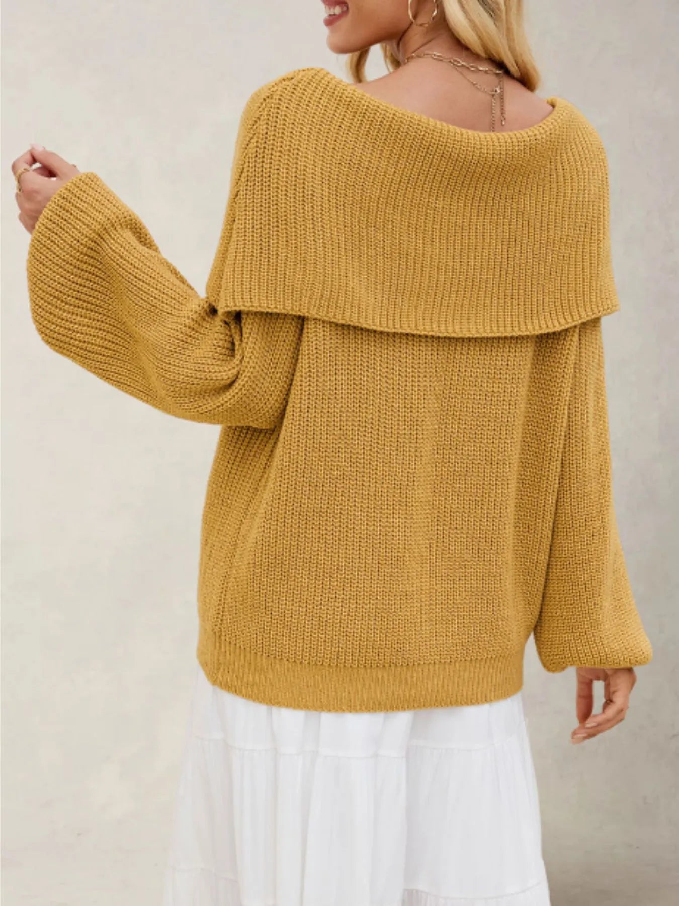 Fold-Over Collar Long Sleeve Sweater - Fashorio