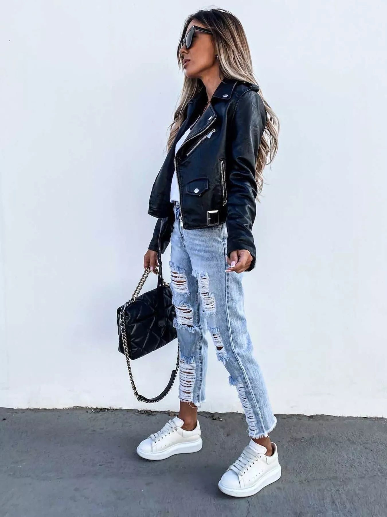 Full Size Zip Up Leather Motorcycle Biker Jacket Plus Size - Fashorio