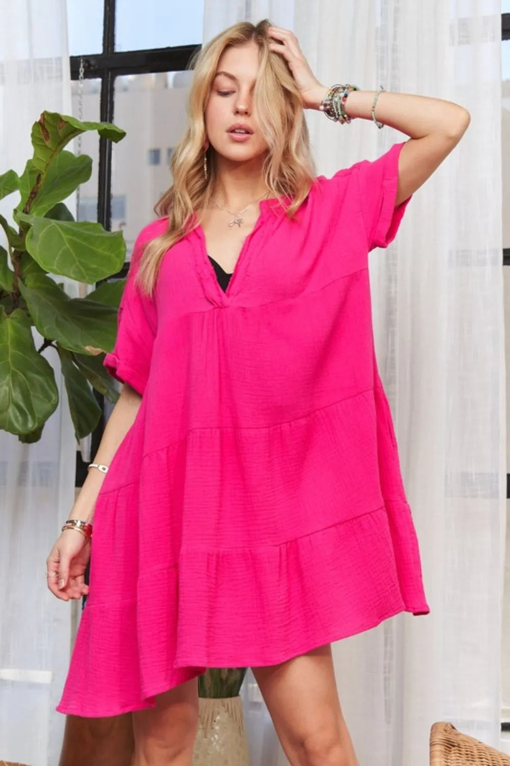 Notched Neck Tiered Short Sleeve Dress in Hot Pink back view