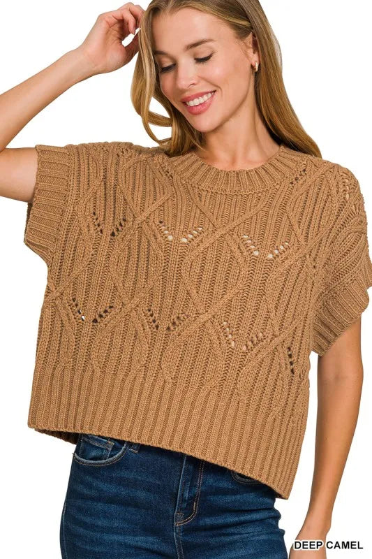 Cable Knit Short Sleeve Sweater in Camel back view