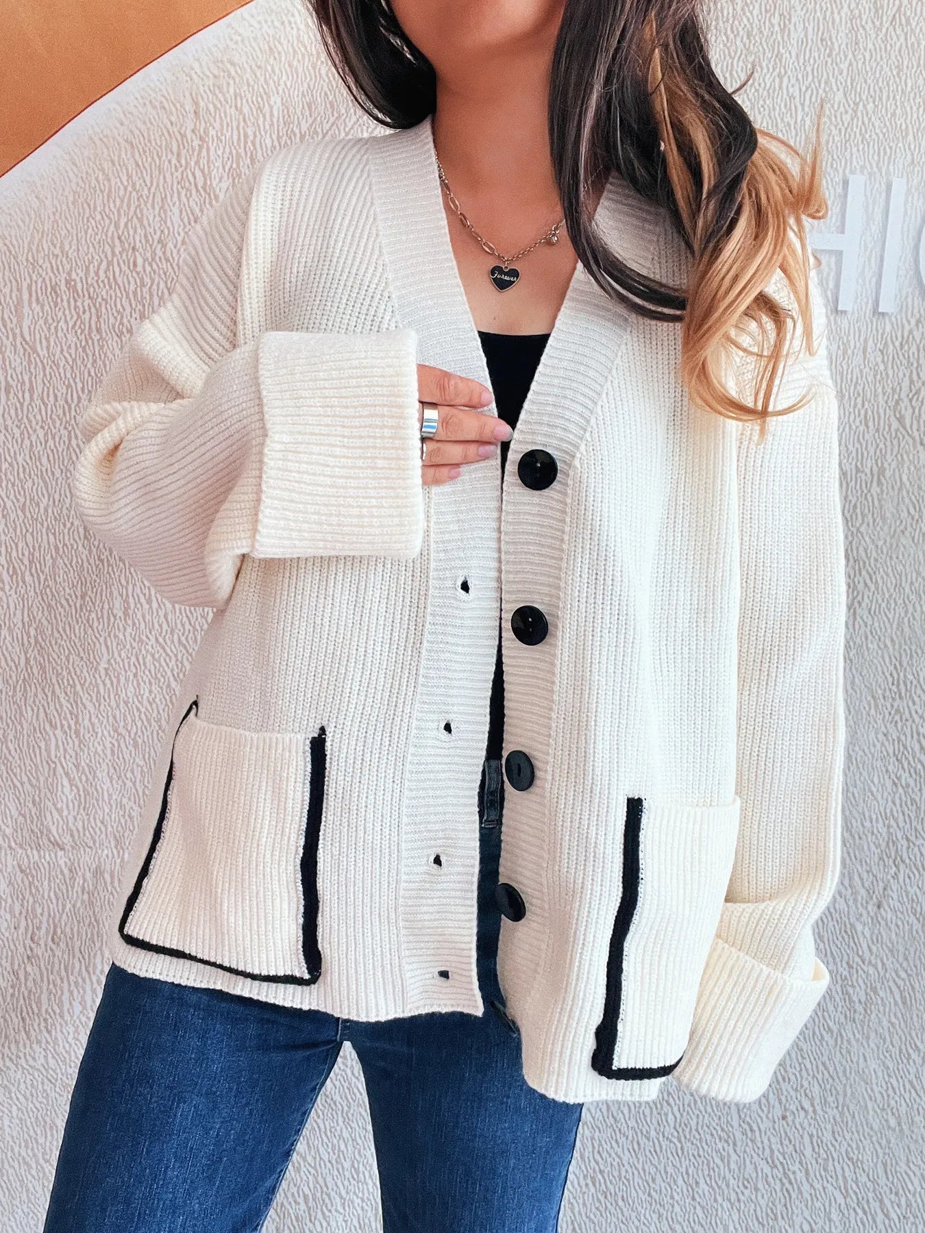 Button-Front Ribbed Cardigan with V-Neck - Fashorio