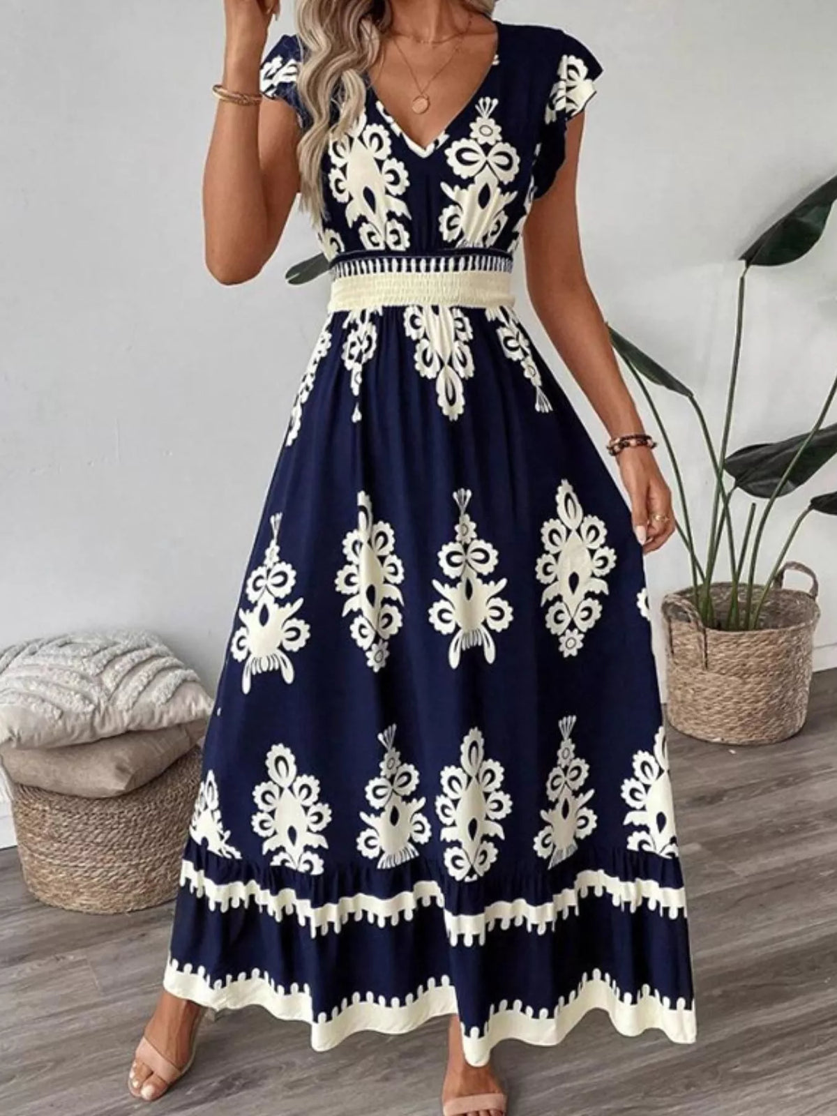 ruffle print v neck maxi dress fabric detail