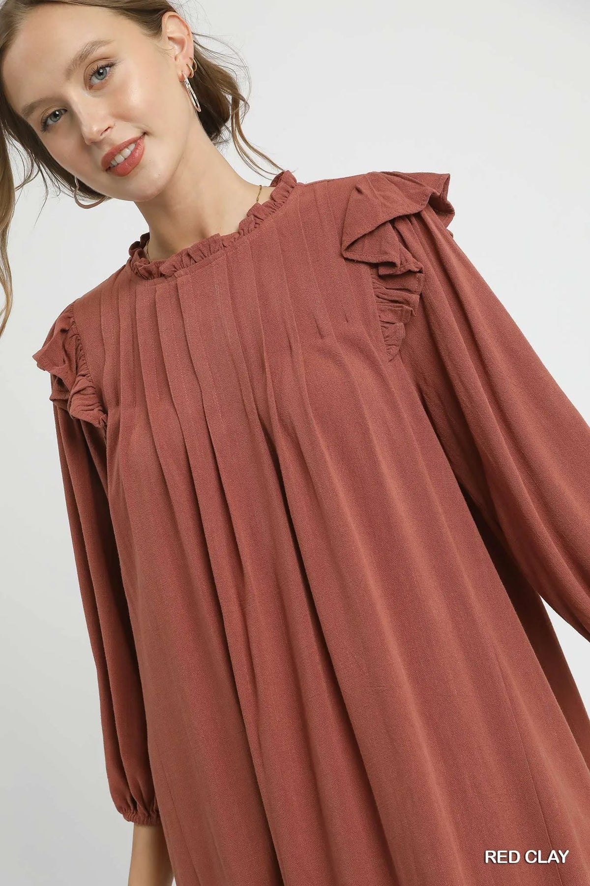 Linen Ruffle Shoulder Babydoll Dress in Red Clay styled look