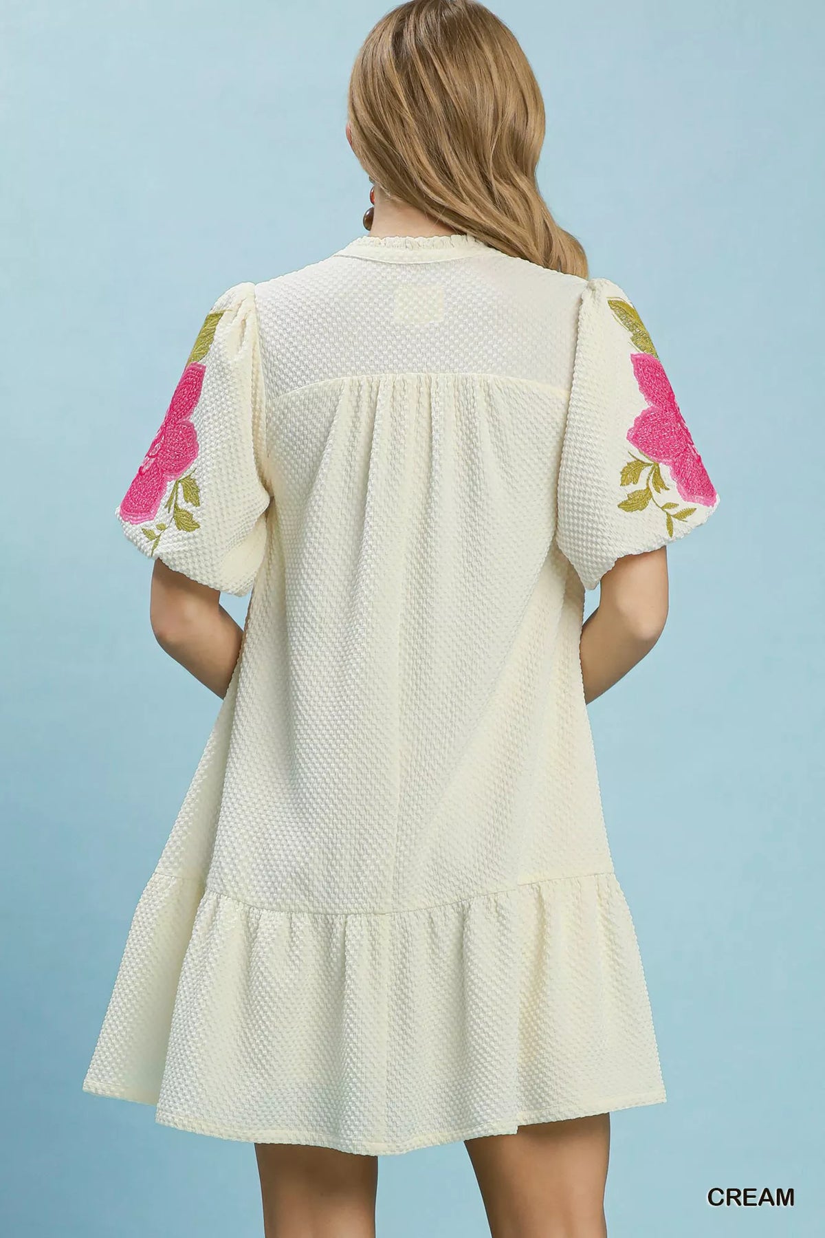 Cream floral embroidered mini dress back view