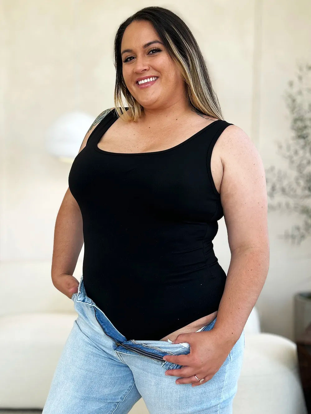 Square neck bodysuit shown from the side