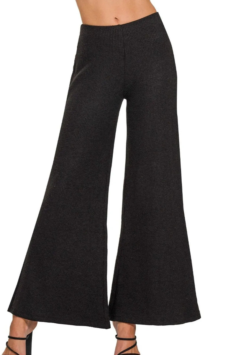 Ribbed knit wide leg flare pants front view