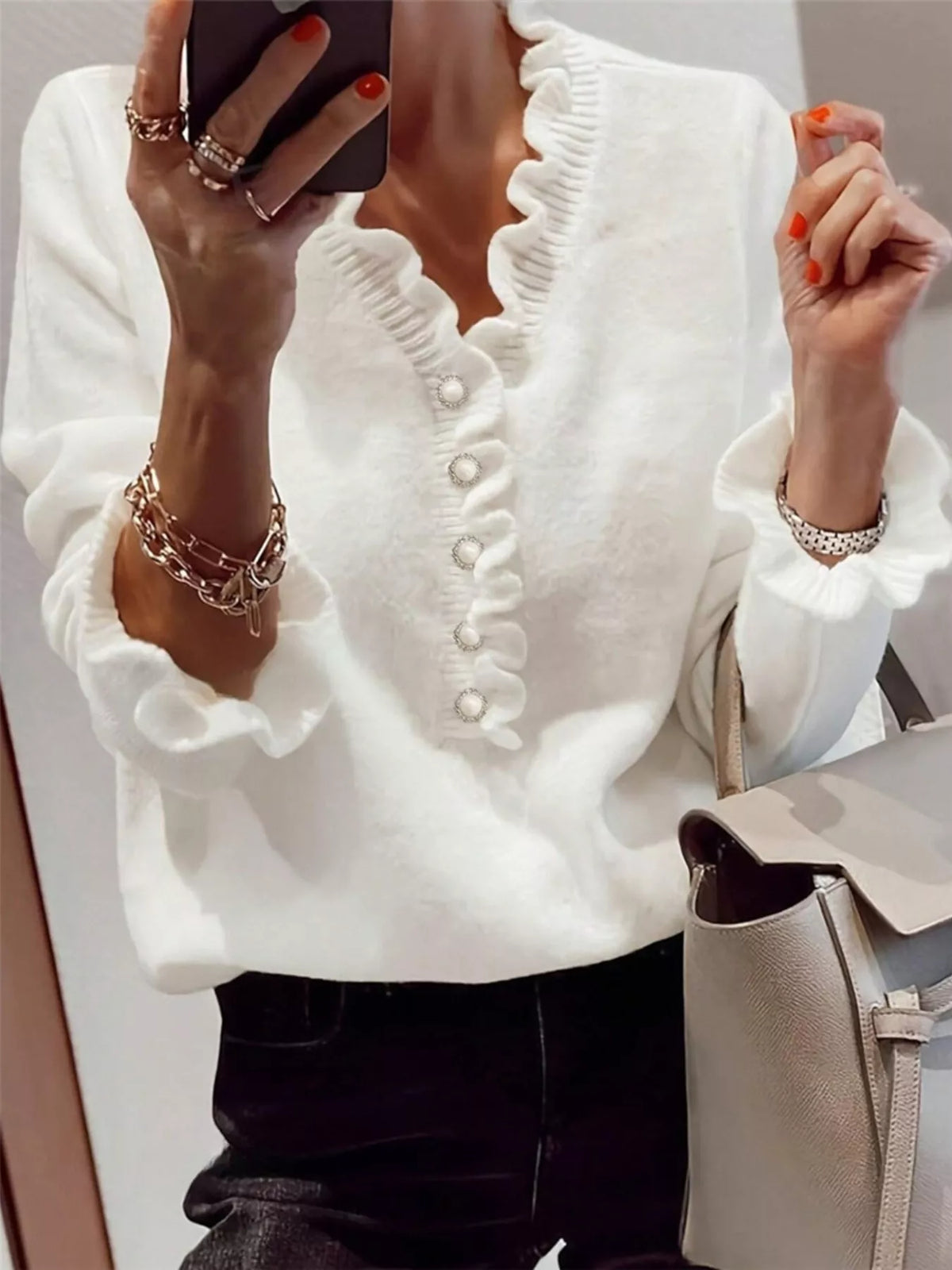 Ruffle Pearl Button Sweater detail
