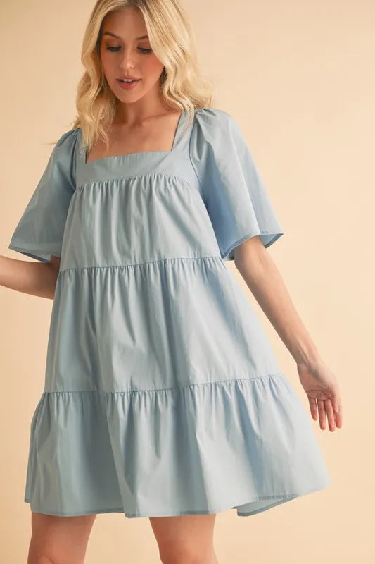 Square neck dress tiered skirt detail