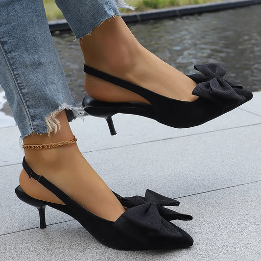 Bow Point Toe Kitten Heels Pumps Black - Fashorio