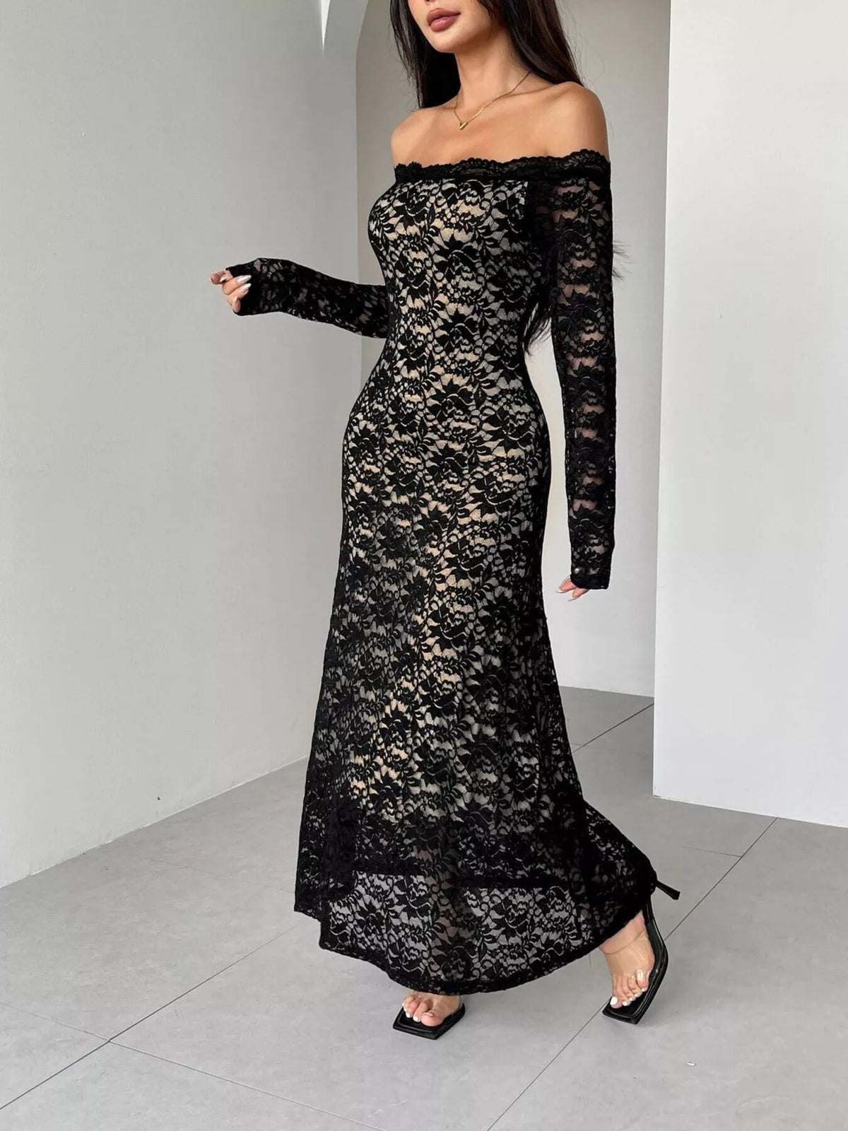 off shoulder lace maxi dress side profile