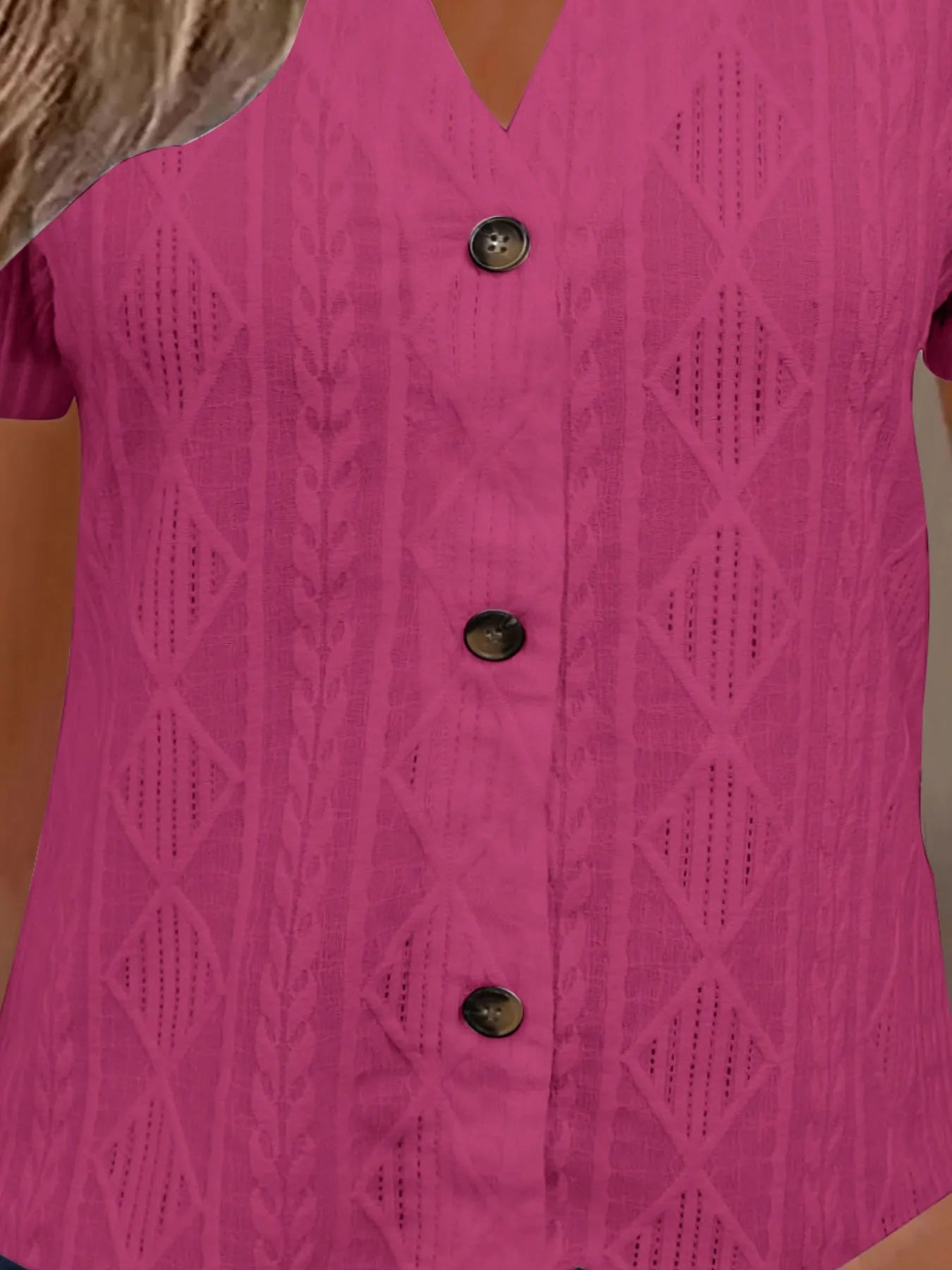 Textured Notched Short Sleeve Blouse - Fashorio