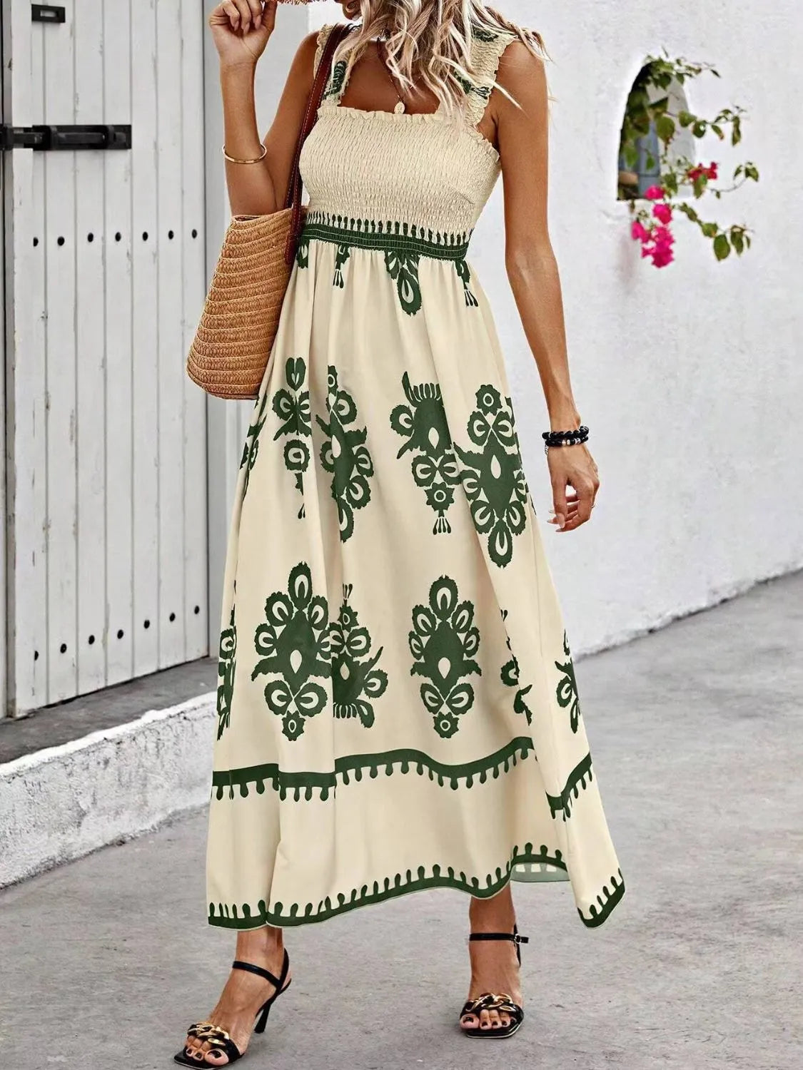Smocked Printed Wide Strap Maxi Dress, view 11