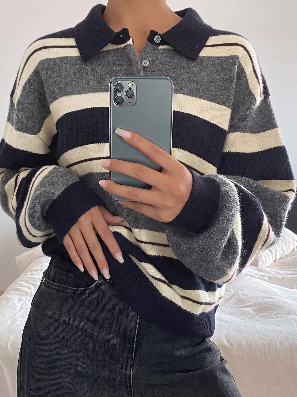 Striped Button Detail Long Sleeve Sweater detail