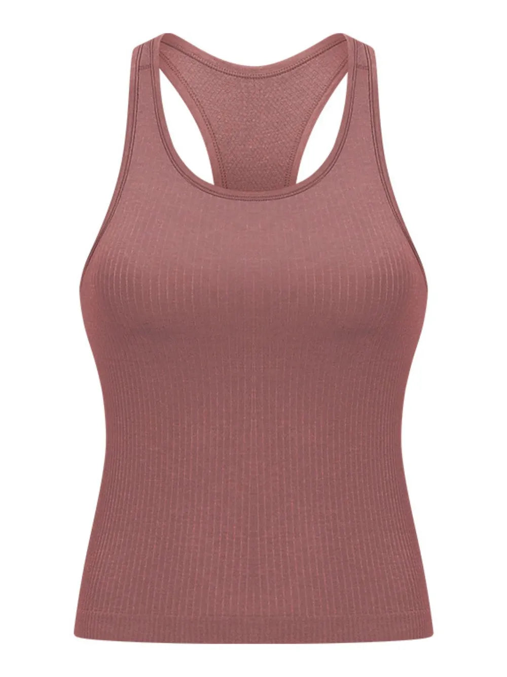 Round neck racerback padded active tank fabric detail
