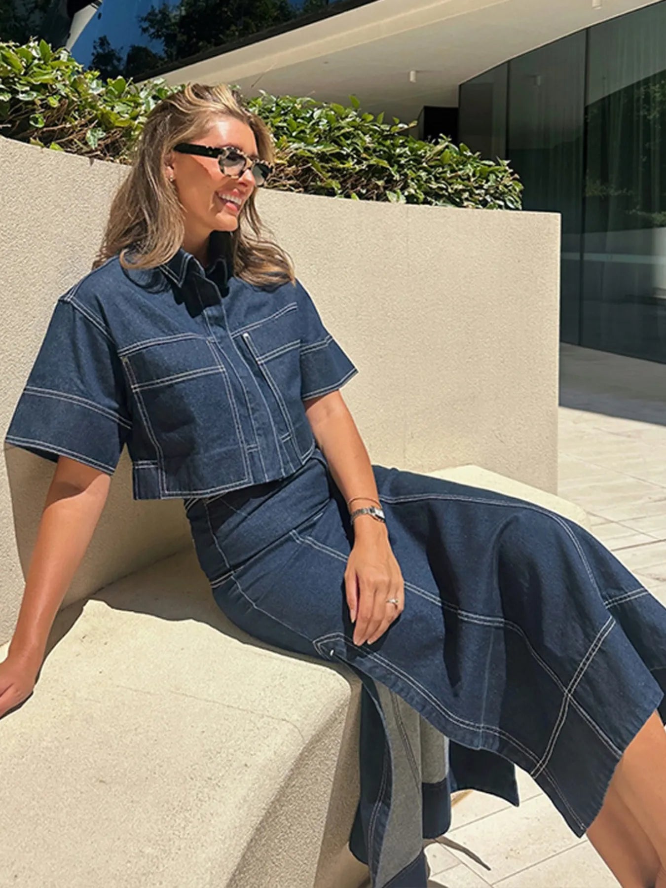 High-Waist Side Slit Contrast Stitch Denim Maxi Skirt - Fashorio