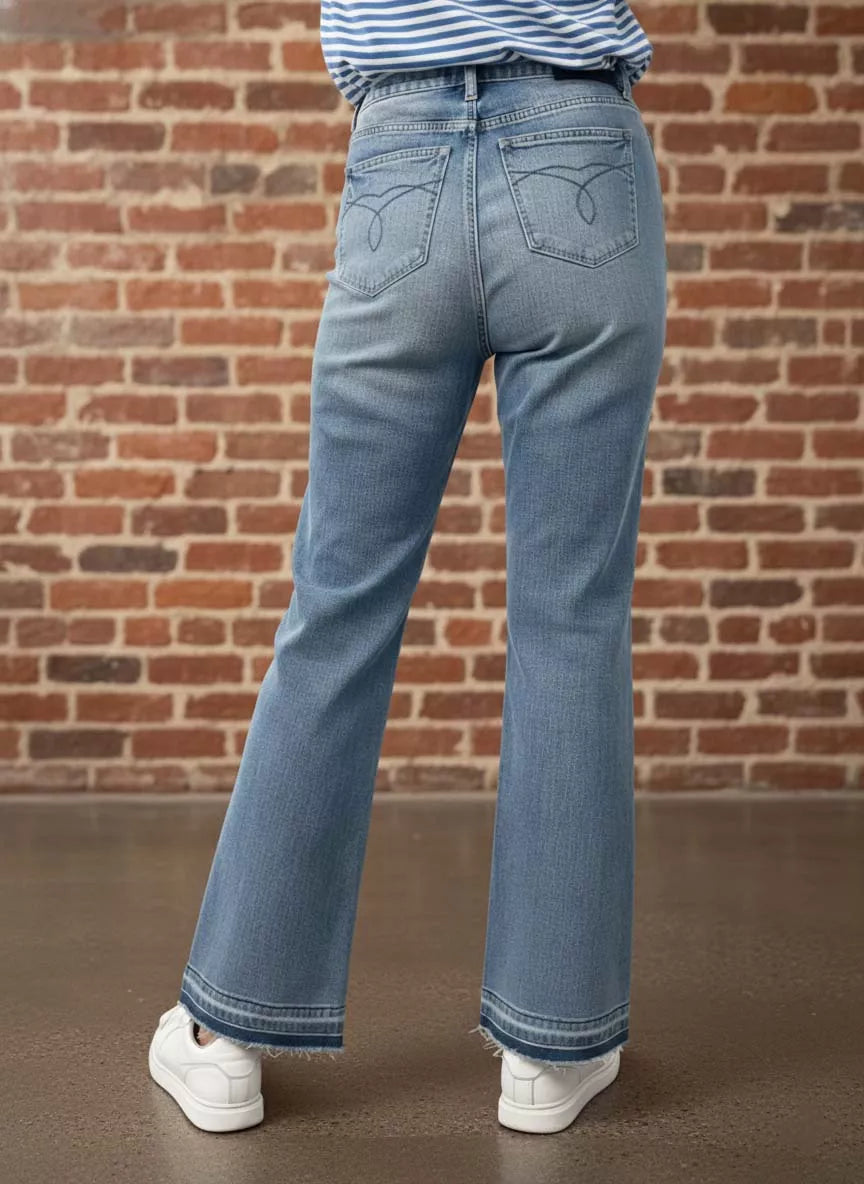 Judy Blue medium wash denim release hem detail