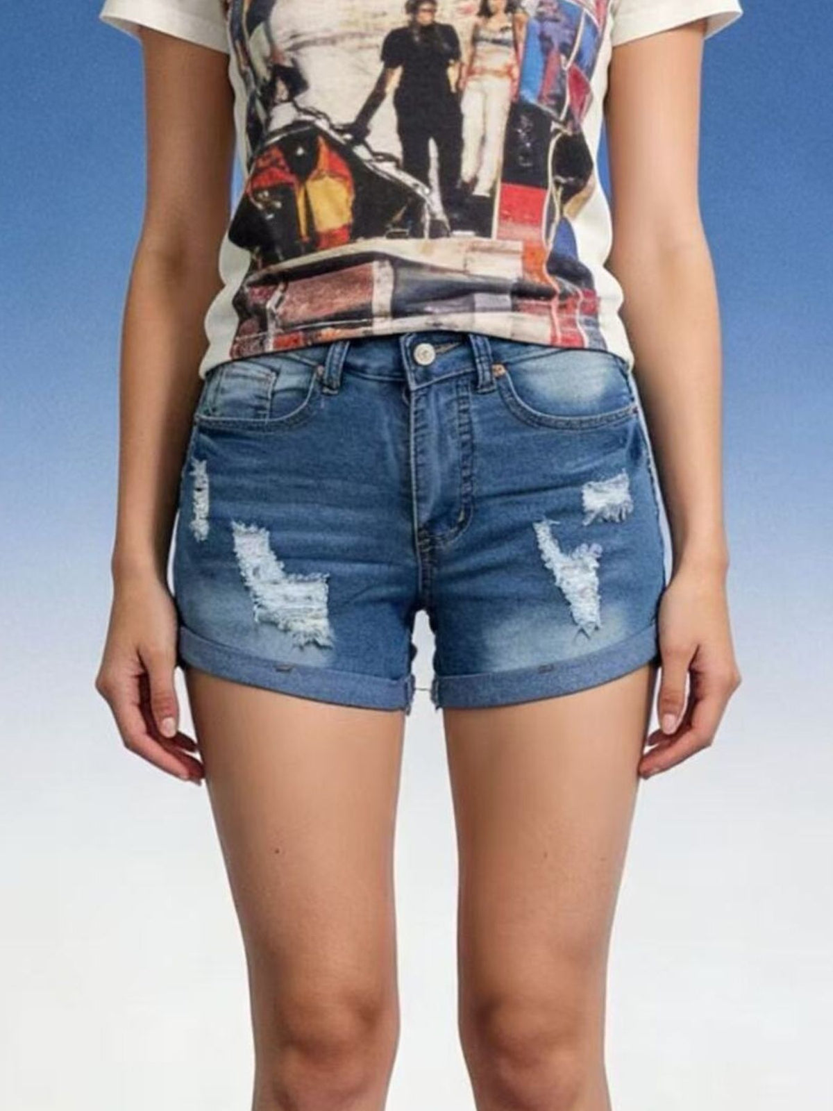 Denim shorts full outfit view