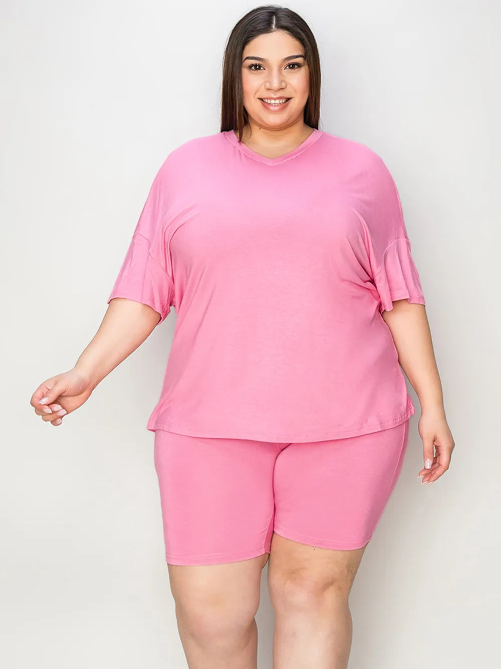 Basic Bae Full Size V-Neck Drop Shoulder T-Shirt and Shorts Set - Fashorio