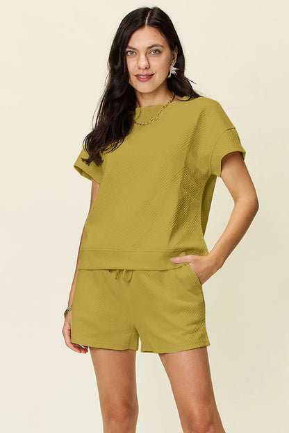 Double Take Full Size Texture Short Sleeve T-Shirt and Drawstring Shorts Set Chartreuse - Fashorio