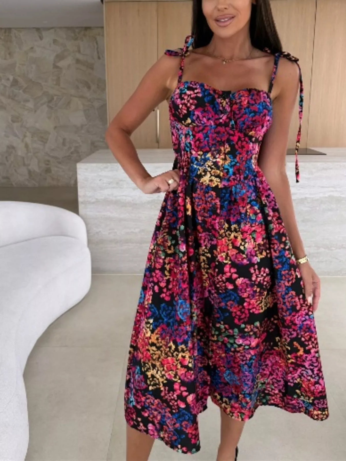 Printed tie strap midi dress styled view