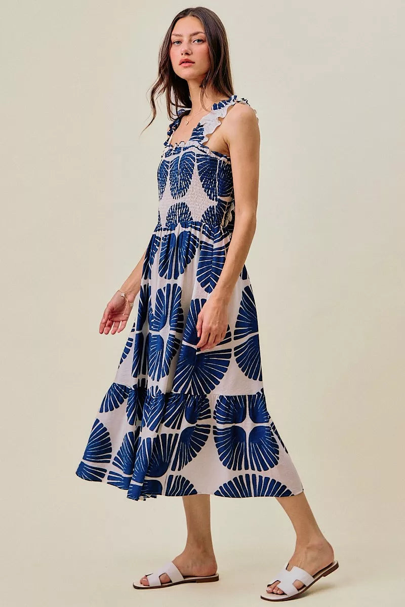 Navy abstract print smocked bodice tiered midi dress front view
