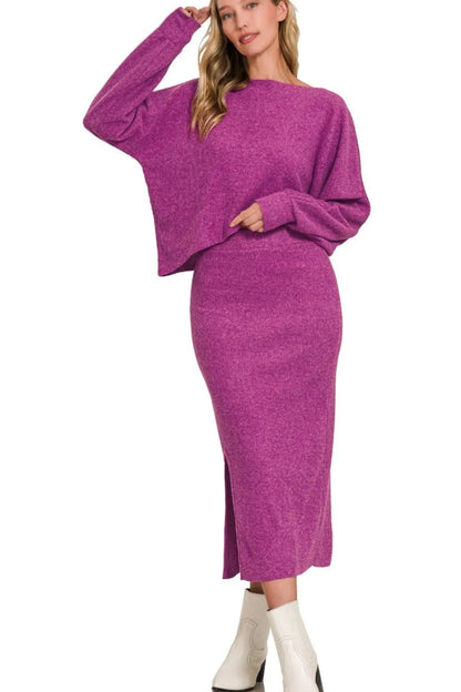 Zenana Ribbed Asymmetric Hem and Sleeve Top & Skirt Set LT PLUM - Fashorio