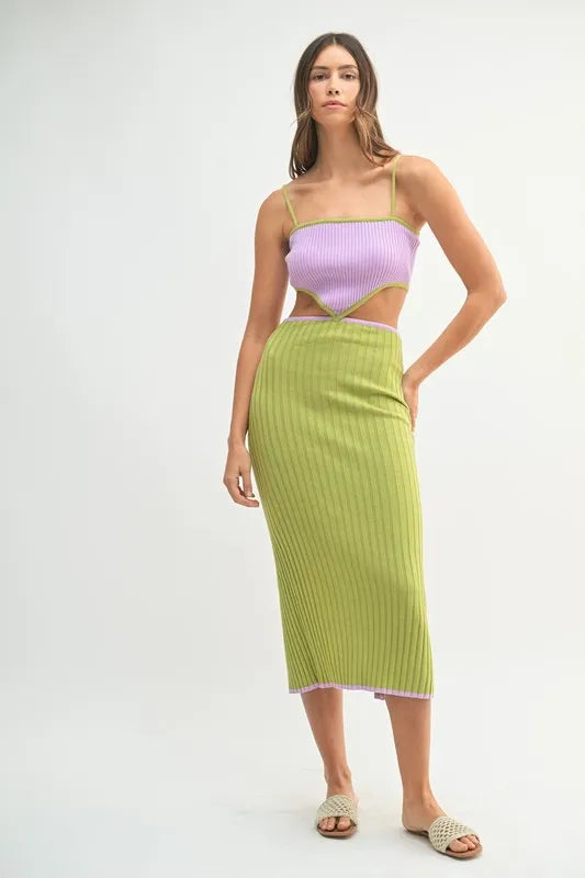 MABLE Ribbed Knit Color Block Cutout Midi Dress - Fashorio