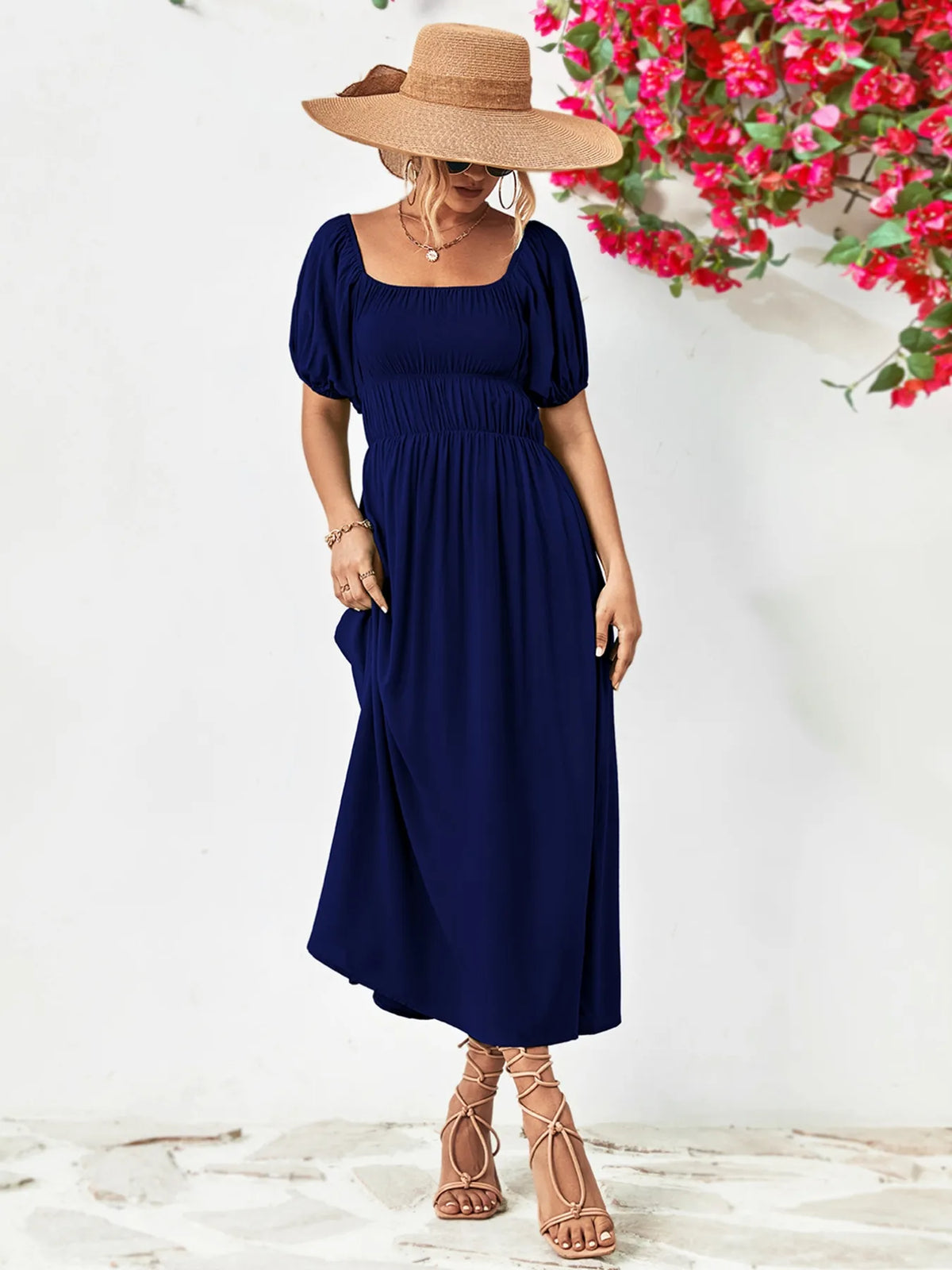 Off shoulder puff sleeve smocked maxi dress, back detail