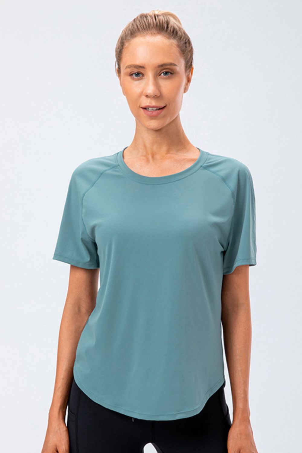 round neck raglan sleeve active tee side view