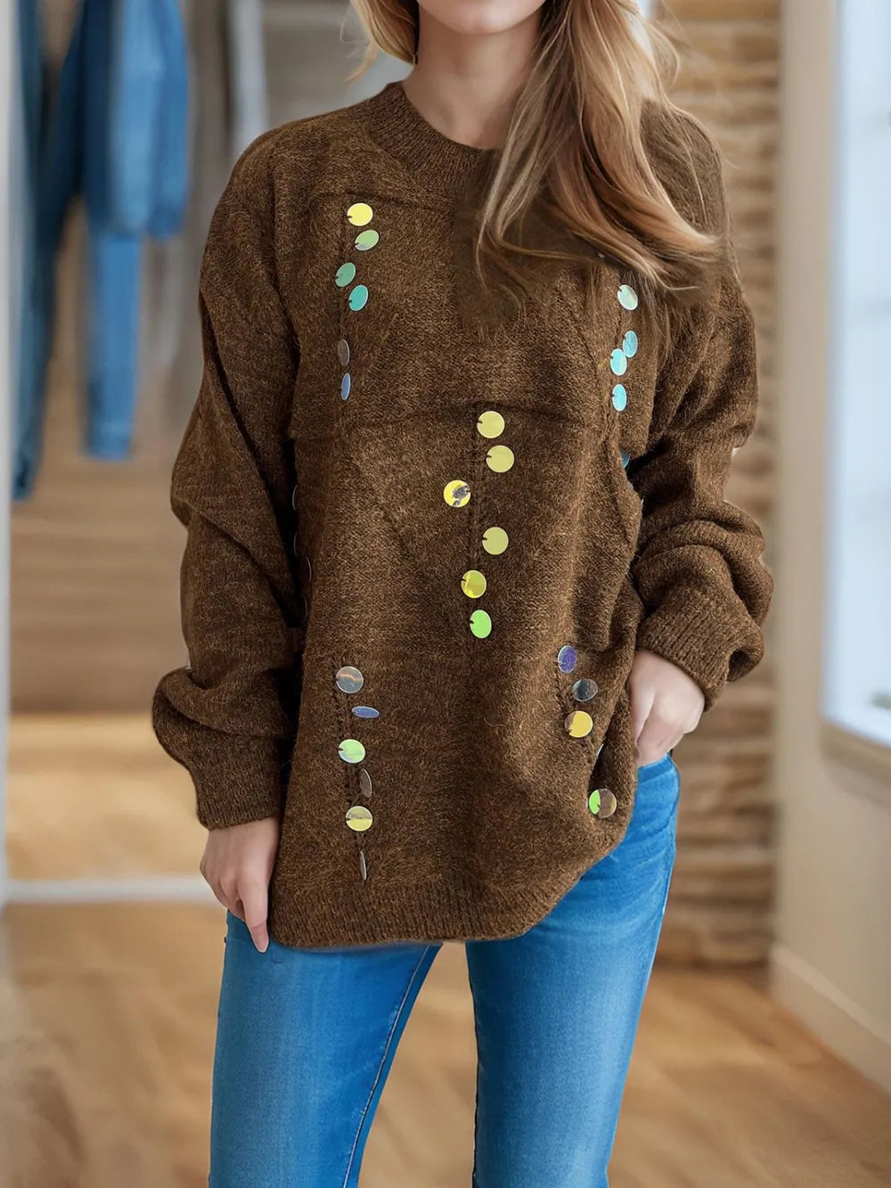 Sequin Mock Neck Long Sleeve Sweater close up