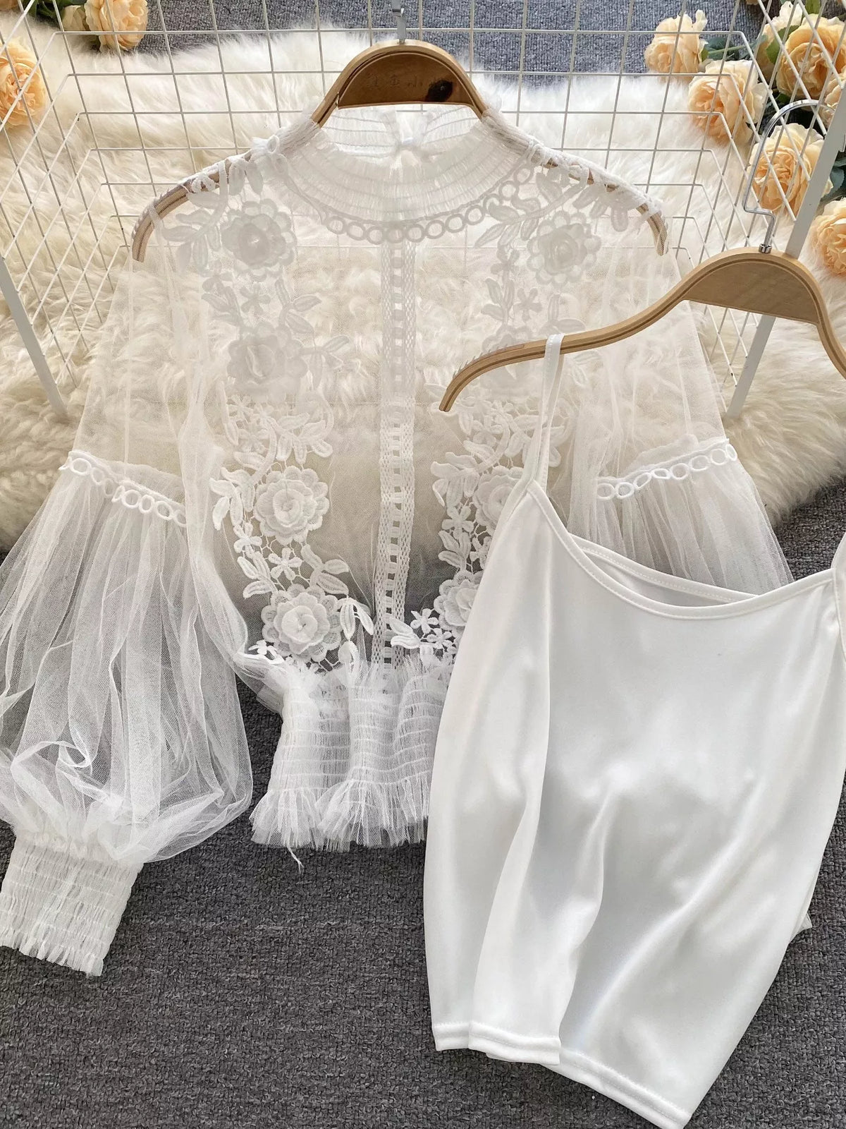 Floral lace blouse and cami two piece set front view