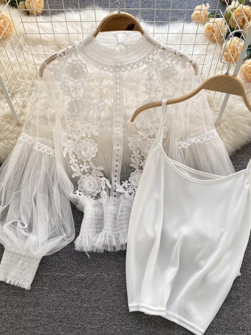 Floral lace blouse and cami two piece set front view