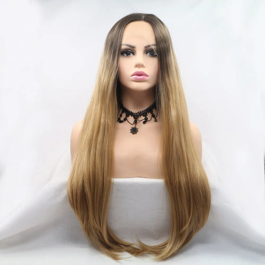 13*3" Lace Front Wigs Synthetic Long Straight 24" 130% Density Brown Khaki One Size - Fashorio