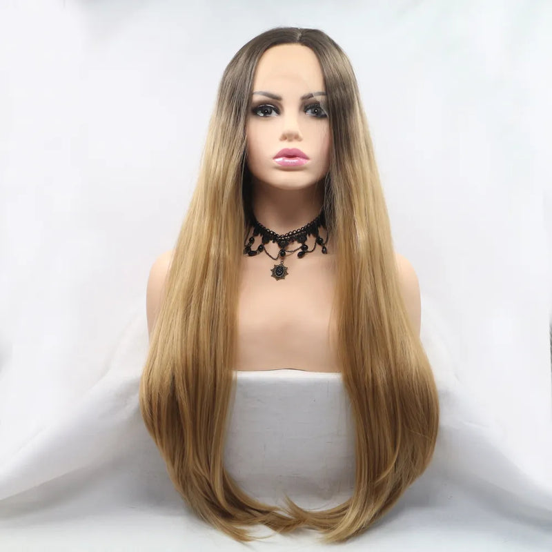 Long straight lace front wig front view