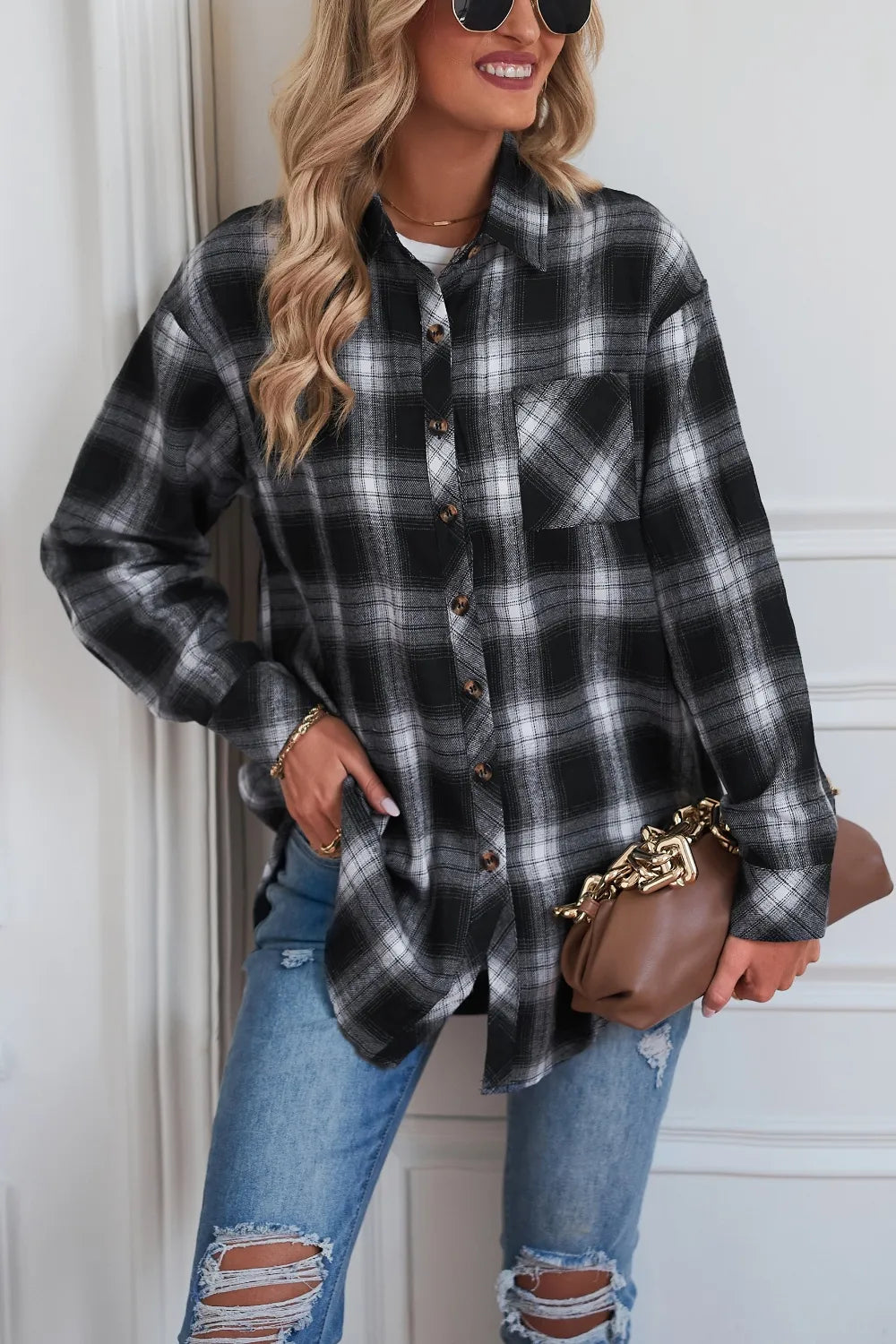 Plaid Button Up Dropped Shoulder Outerwear Black - Fashorio