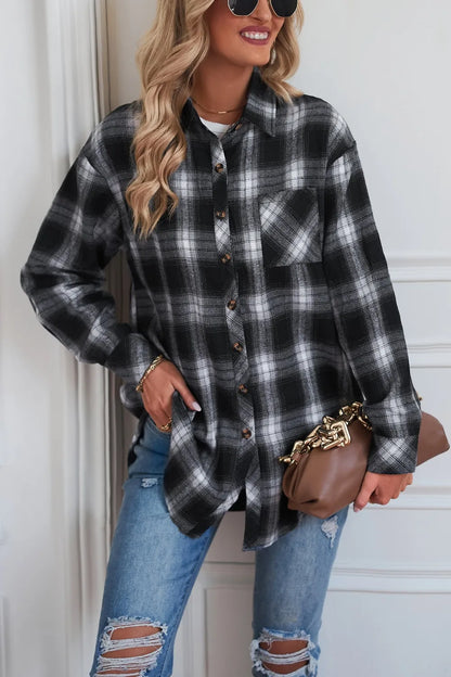 Plaid Button Up Dropped Shoulder Outerwear Black - Fashorio