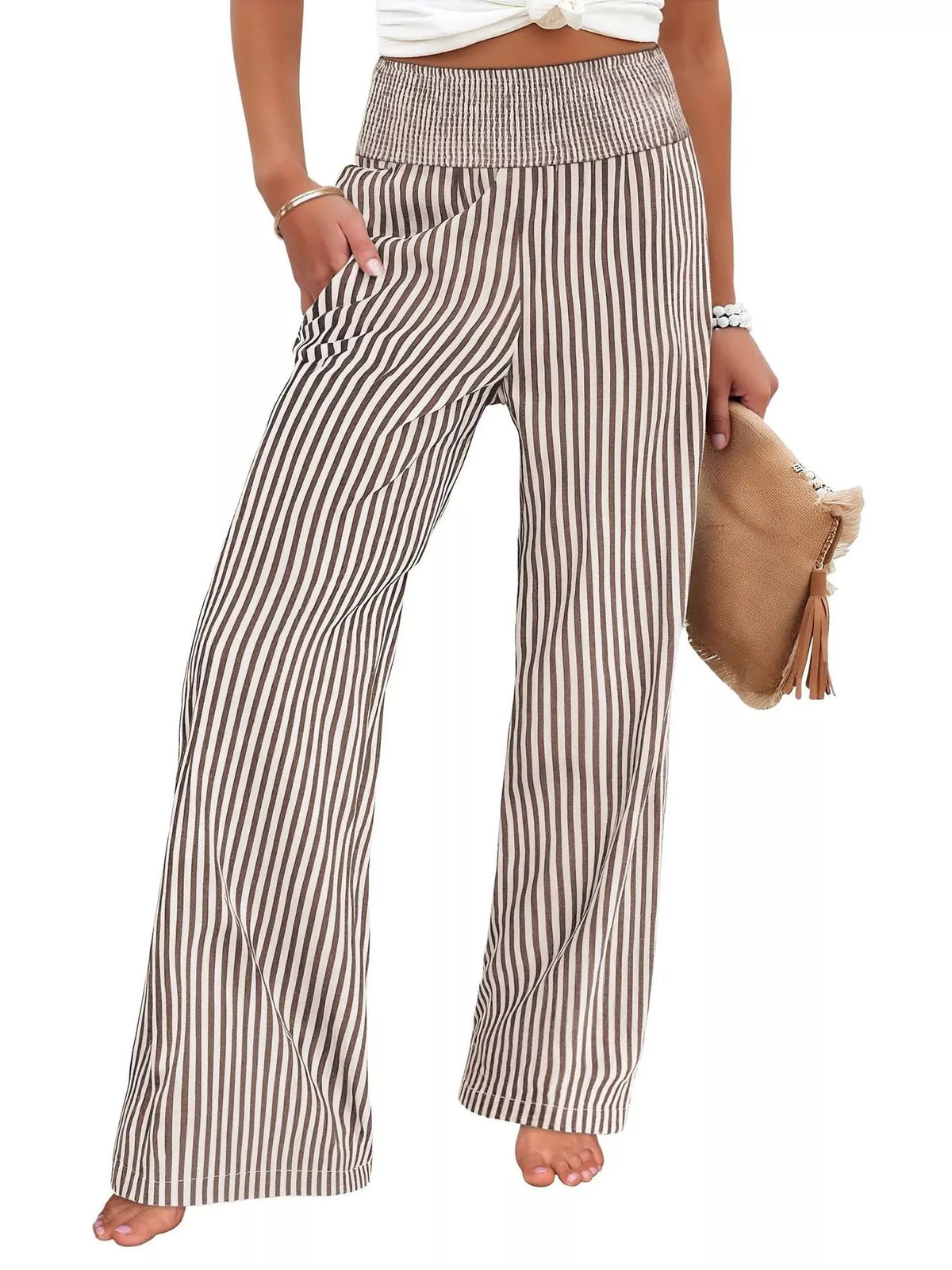 Striped smocked waist wide leg pants side view