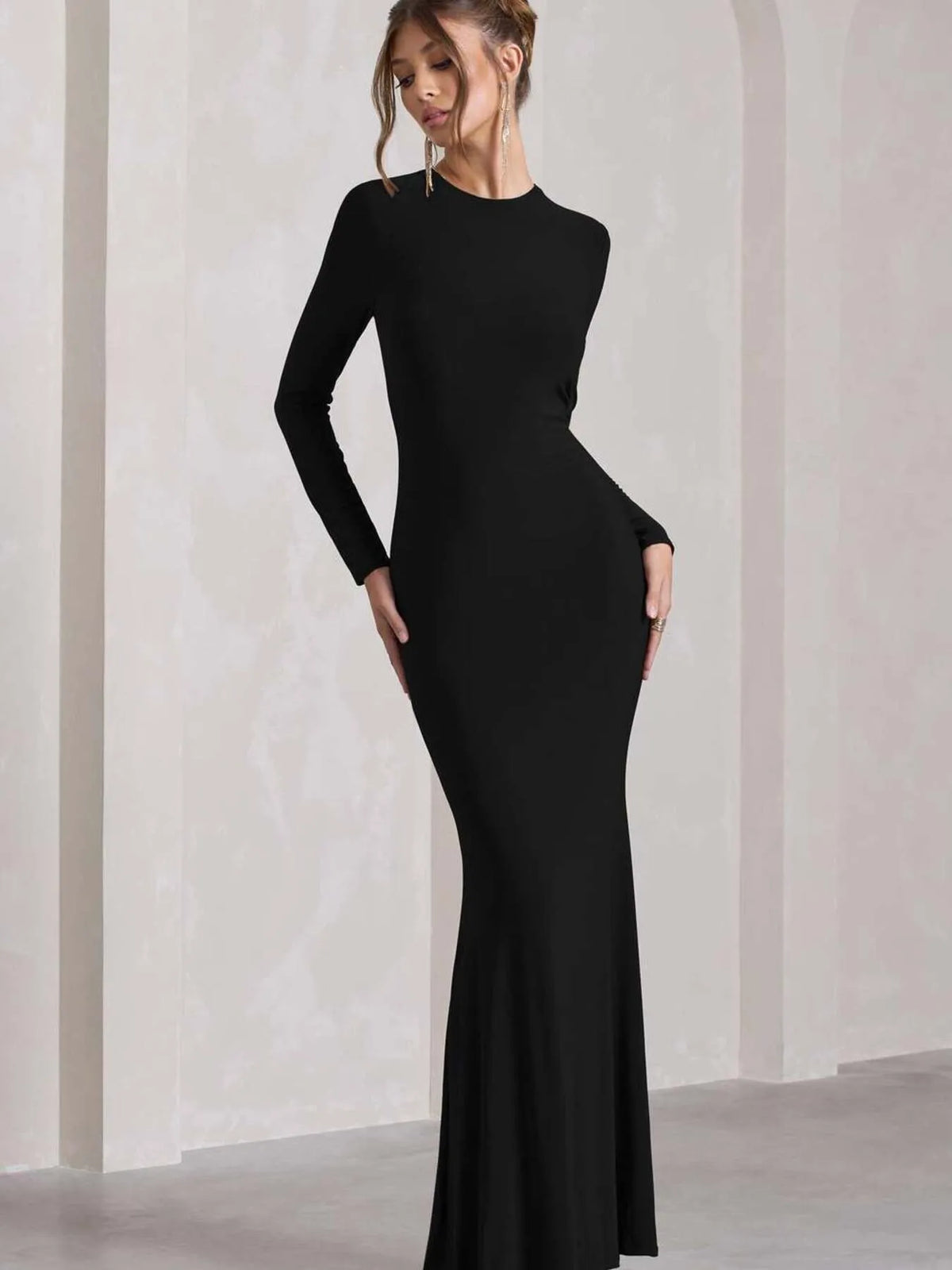 Black bodycon maxi dress side view