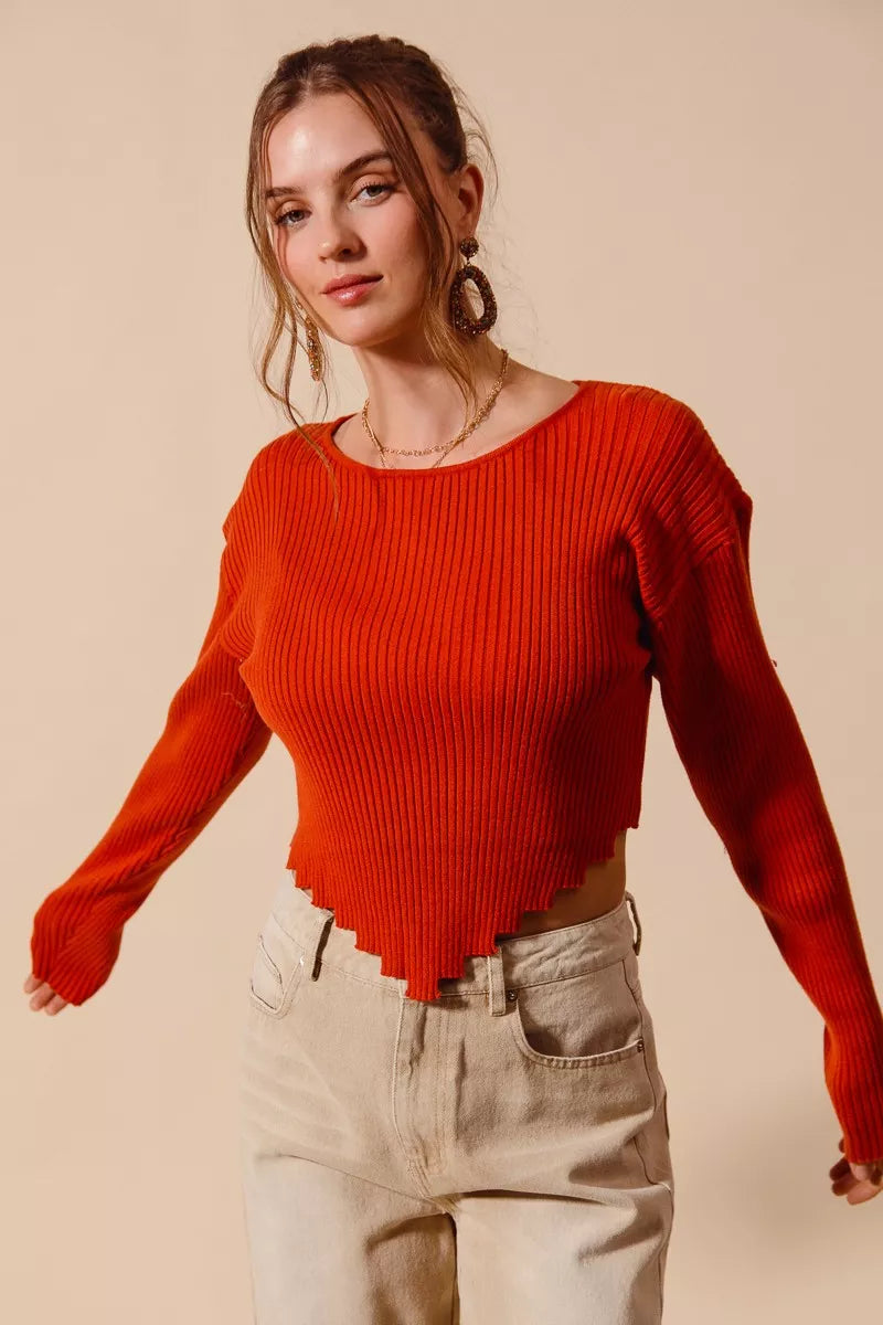 Ribbed Cropped Sweater Top with Shaped Hem in Rust side view