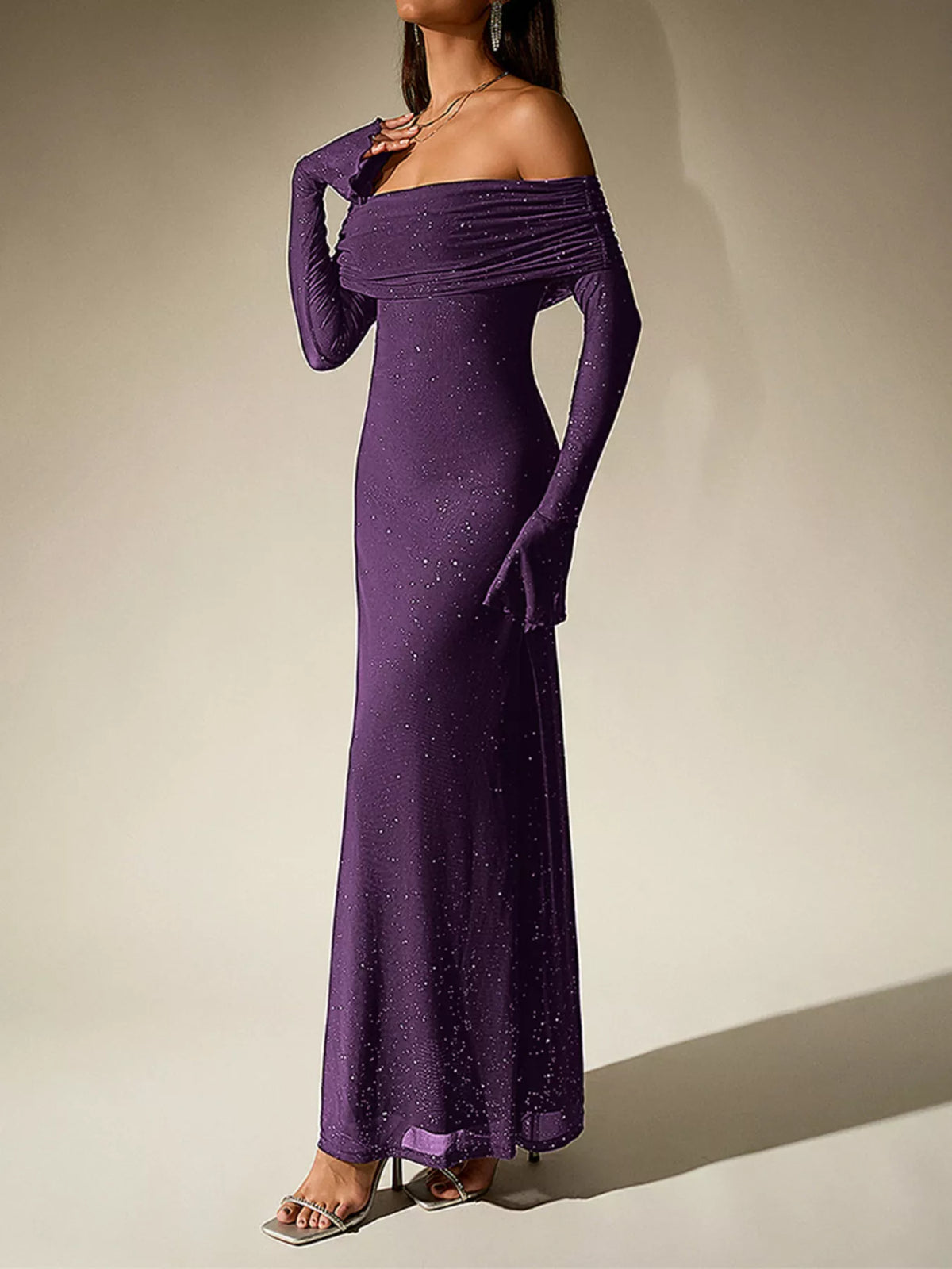 glitter off shoulder maxi dress editorial angle