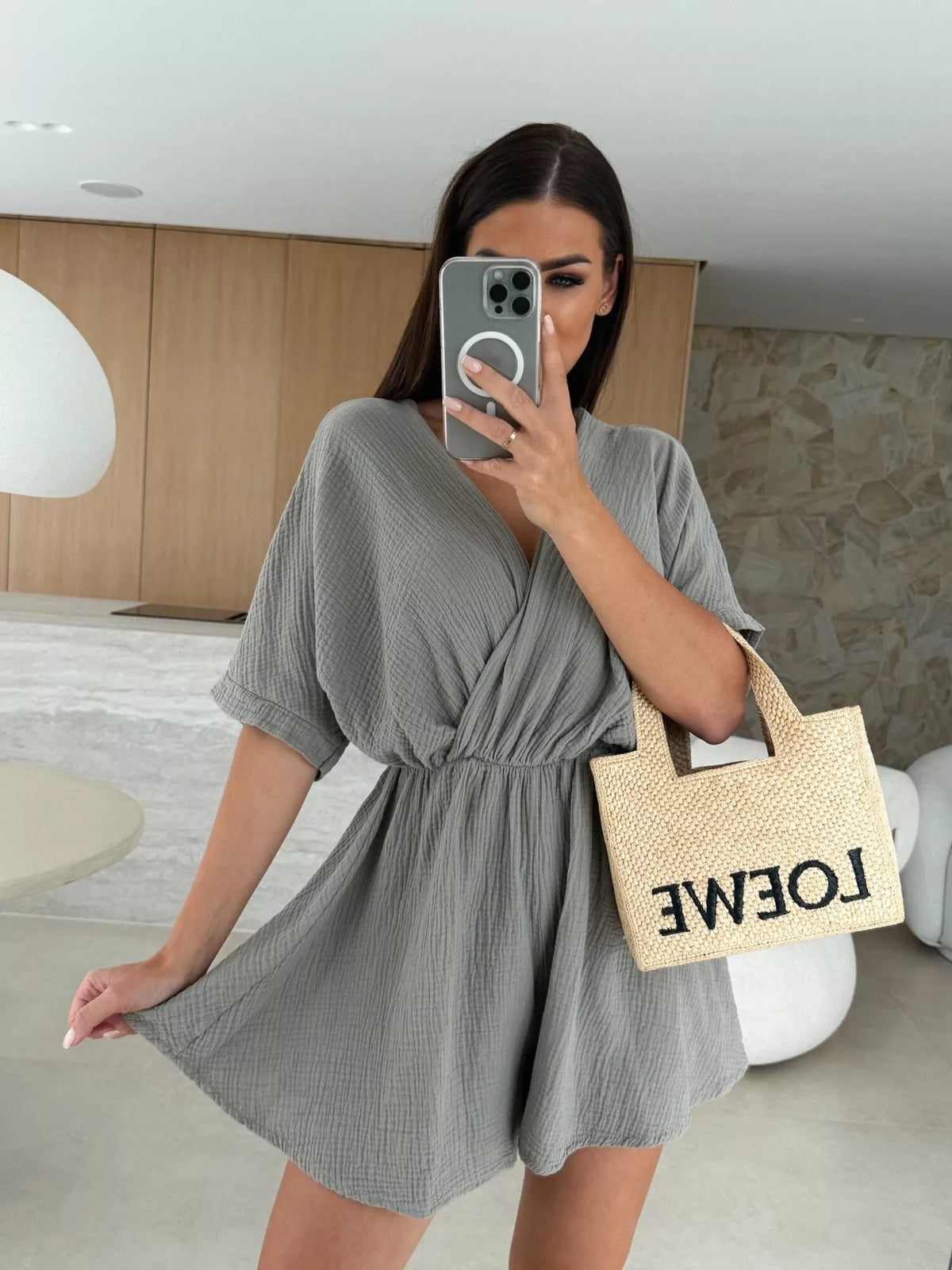 Surplice wrap front short sleeve romper back view