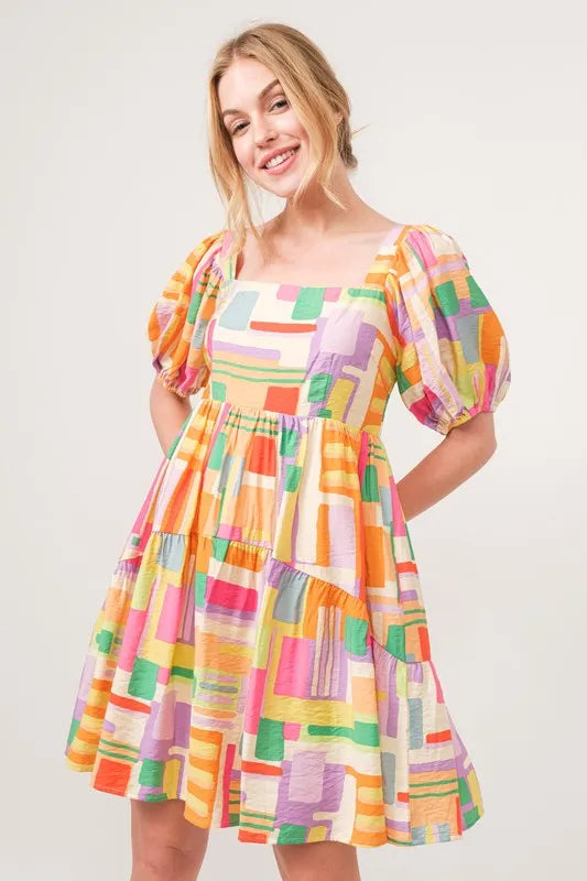 Square Neck Puff Sleeve Geo Printed Mini Dress side view