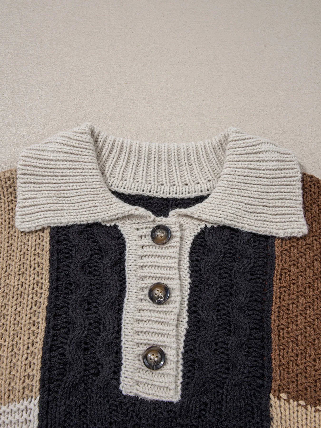 Multicolour Color Block Cable Knit Sleeve Buttons Collared Sweater - Fashorio