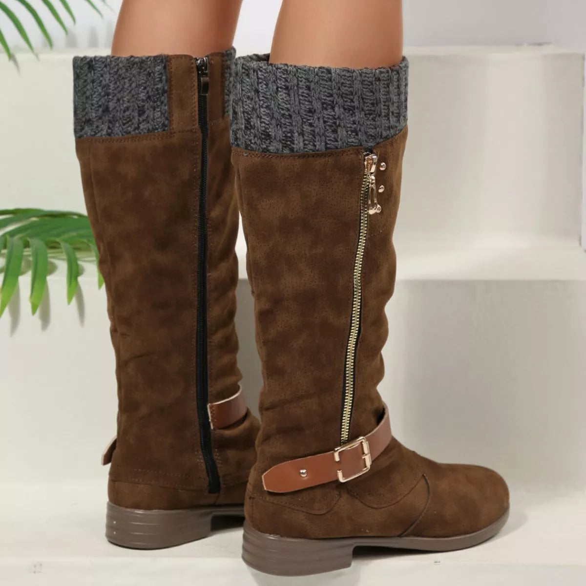 Purple round toe block heels boots styled with denim