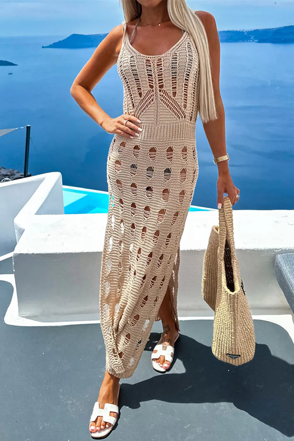 Openwork scoop neck cover up texture