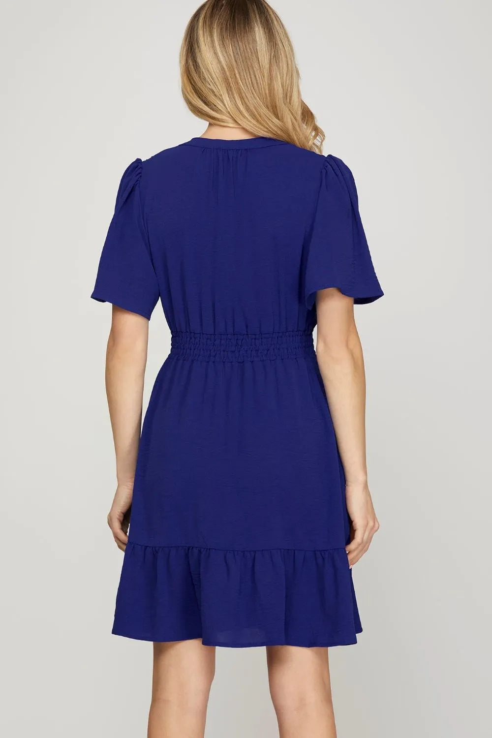 Ruffled Hem Notched Flutter Sleeve Mini Dress back view