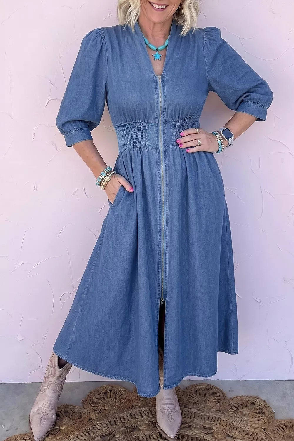 Peacock blue denim midi dress with v neck, front view