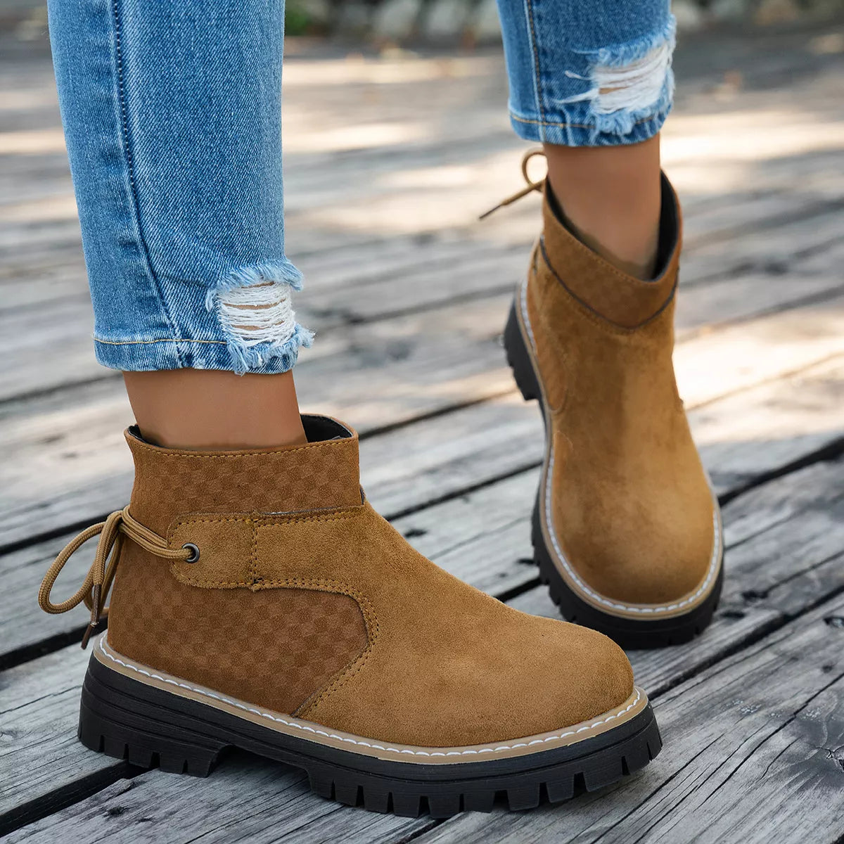 Round Toe Platform Boots paired with denim