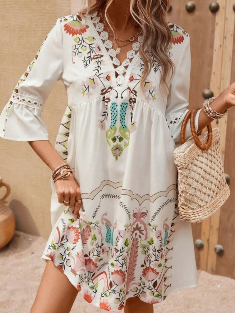 Lace detail printed three quarter sleeve dress front view