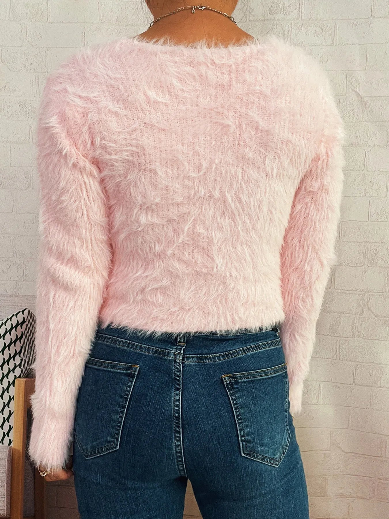 Fuzzy Heart Shape Button-Up Cardigan - Fashorio